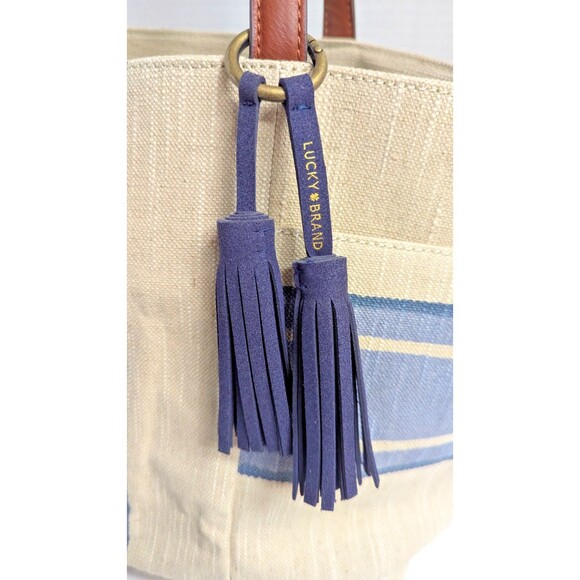 Lucky Brand Cora Fabric Tote Cream Blue Stripes Bohemian Tassel Leather Handles - Picture 3 of 10